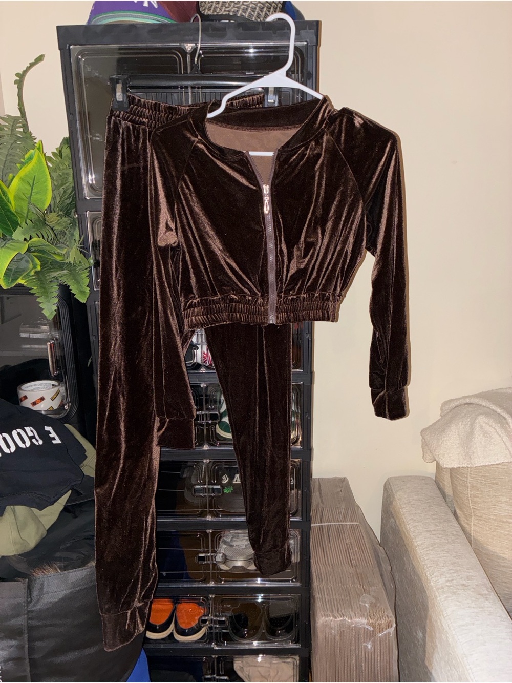 SHEIN Brown Velvet Zip-Front Track Set
